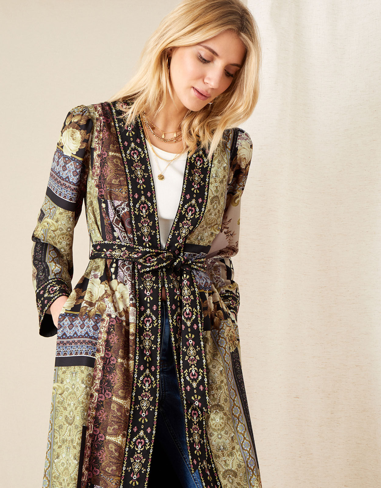 Demi Printed Long Kimono Camel