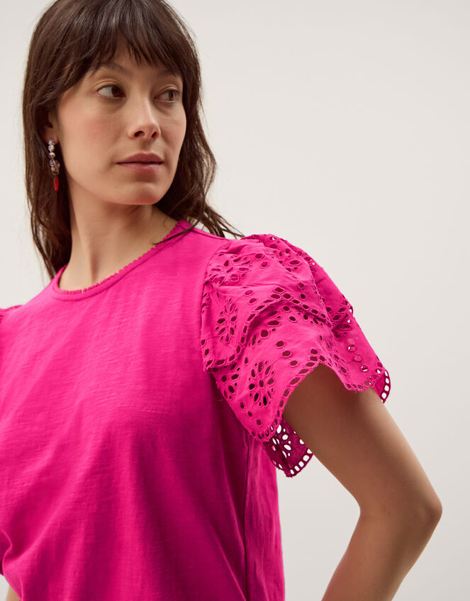 Bev Broderie Sleeve Jersey T-Shirt, Pink (PINK), large
