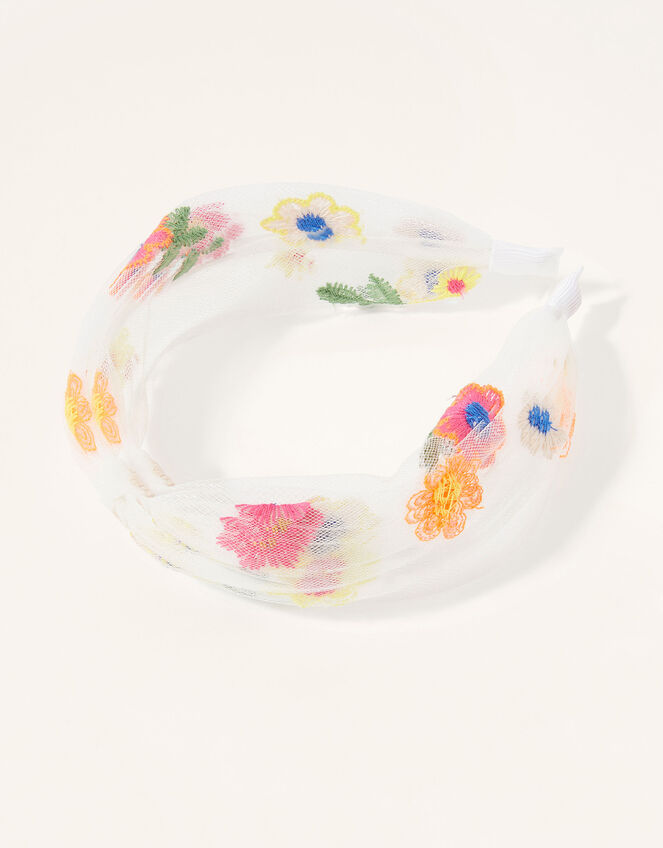 Floral Embroidered Mesh Knot Headband, , large