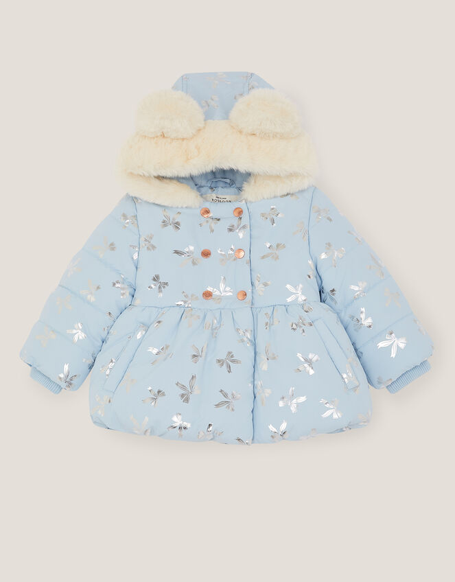 Baby Faux Fur Hooded Bow Coat, Blue (BLUE), large
