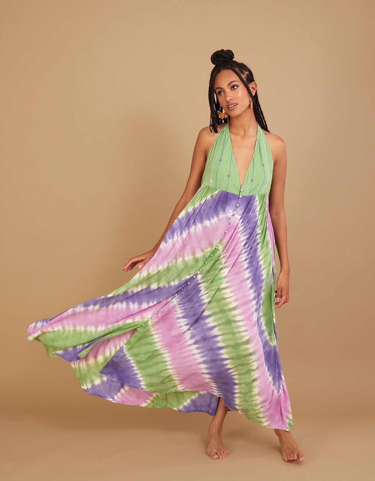 Halter Chevron Tie Dye Print Dress in LENZING ECOVERO Pink Day