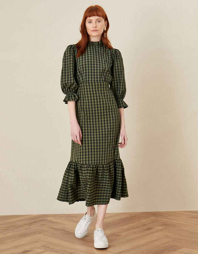 Check Tier Hem Midi Dress, Green (KHAKI), large