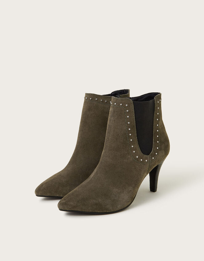 Oriana Suede Stud Heeled Boots, Green (OLIVE), large