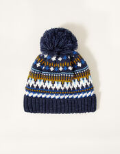 Frankie Fair Isle Knit Beanie, Blue (NAVY), large