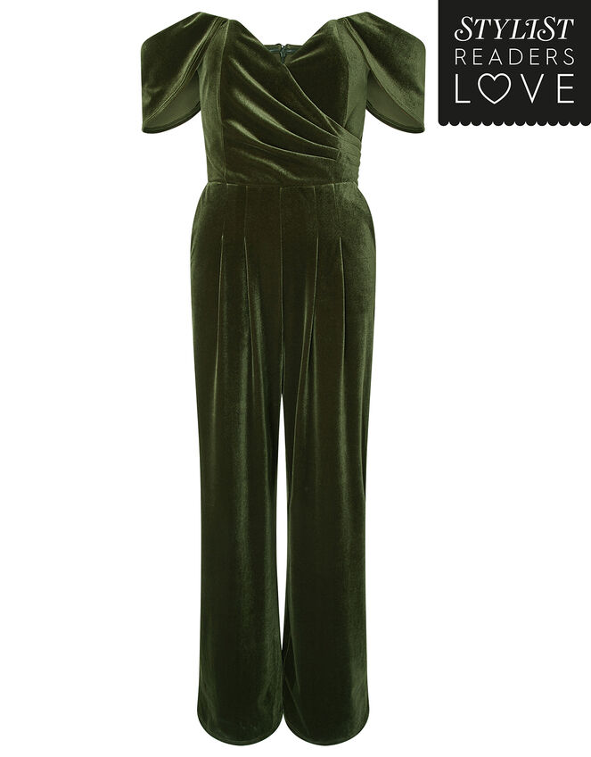 Barbara Bardot Velvet Jumpsuit, Green (KHAKI), large