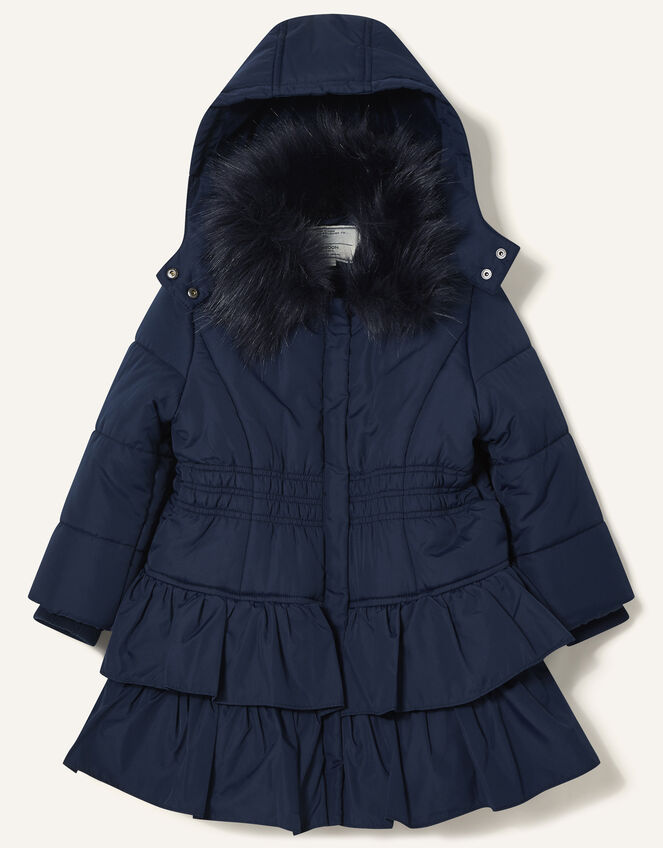Shirred Ruffle Padded Coat, Blue (NAVY), large