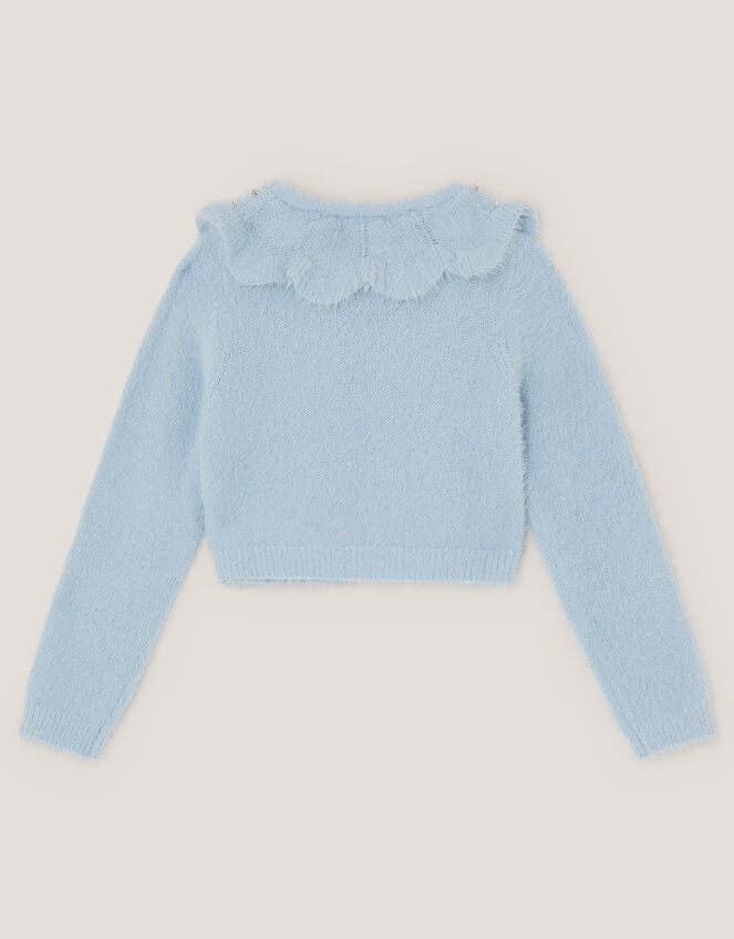 Embellished Collar Fuzzy Cardigan, Blue (BLUE), large