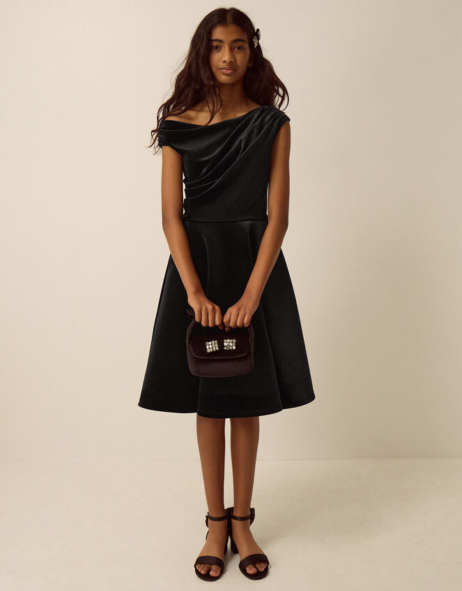 One-Shoulder Velvet Skater Dress, Black (BLACK), large