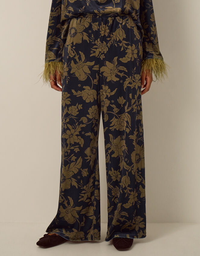 Princella High Waisted Floral Velvet Wide Leg Trousers, Blue (NAVY), large