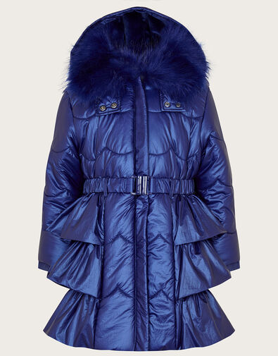 Shimmer Ruffle Hem Padded Coat, Blue (BLUE), large