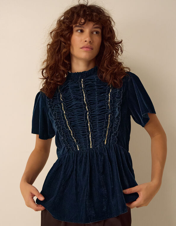 Clemence Eloise Short Sleeve Smocked Velvet Top, Teal (TEAL), large