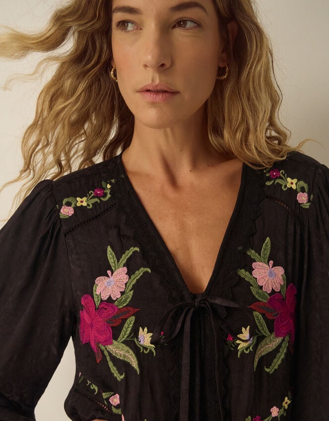 Yara Floral Embroidered Lace Trim Top, Black (BLACK), large