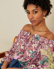 Floral Border Print Bardot Top in LENZING™ ECOVERO™ , Ivory (IVORY), large