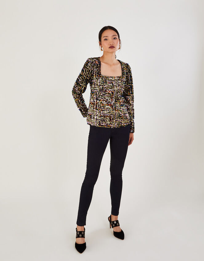Fiona Sequin Square Neck Top, Black (BLACK), large