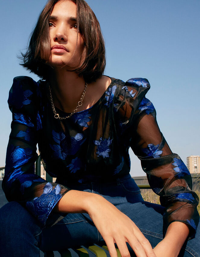 Ophelia Floral Organza Blouse, Blue (BLUE), large