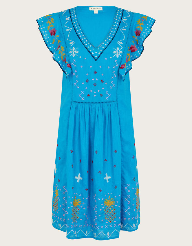 Prue Embroidered Ruffle Mini Dress, Blue (BLUE), large