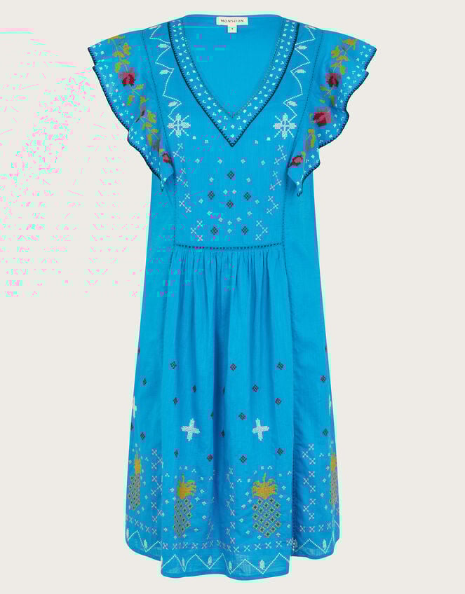 Prue Embroidered Ruffle Mini Dress, Blue (BLUE), large