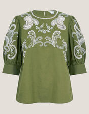 Noemi Embroidered Cotton Top, Green (KHAKI), large