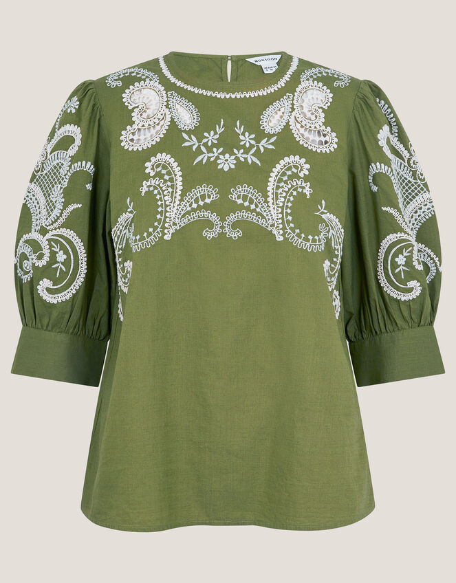 Noemi Embroidered Cotton Top, Green (KHAKI), large