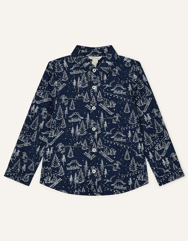 Christmas Dinosaur Print Shirt, Blue (NAVY), large