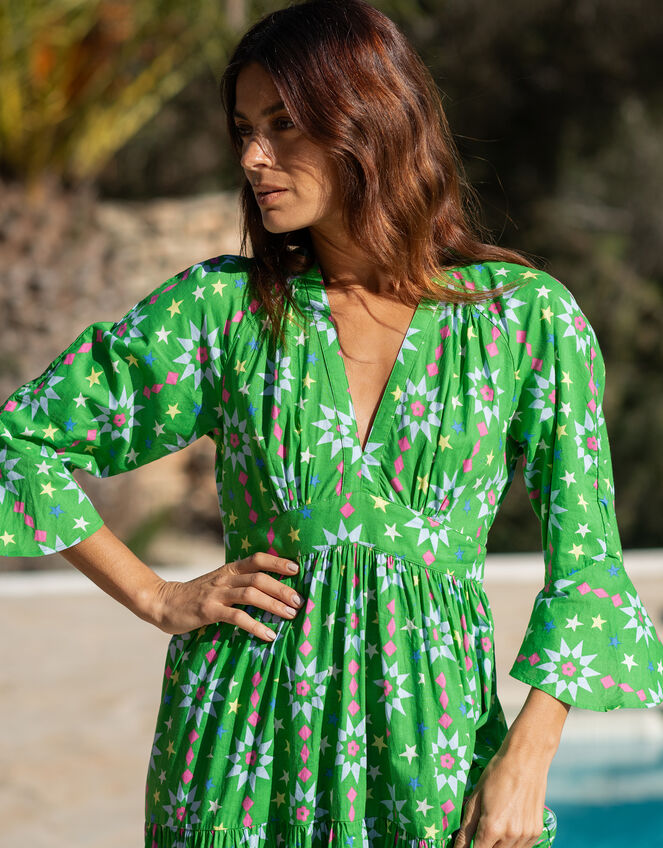 La Galeria Elefante Print Tiered Midi Dress, Green (GREEN), large