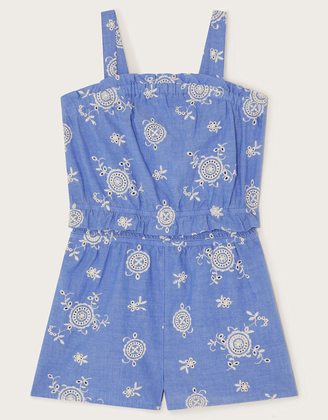 Strappy Broderie Chambray Playsuit, Blue (BLUE), large