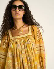 Petite Mendigote Rabea Square Neck Paisley Mini Dress, Yellow (YELLOW), large