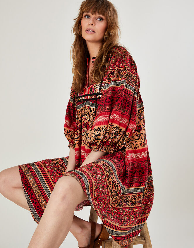 Premium Smock Heritage Print Embroidered Dress, Orange (ORANGE), large