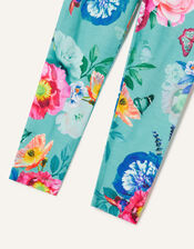 Floral Print Active Leggings, Blue (AQUA), large