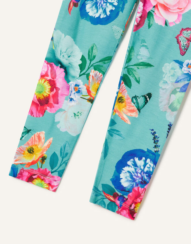 Floral Print Active Leggings, Blue (AQUA), large