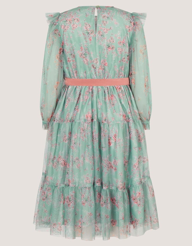 Ditsy Floral Print Belted Dress, Green (GREEN), large