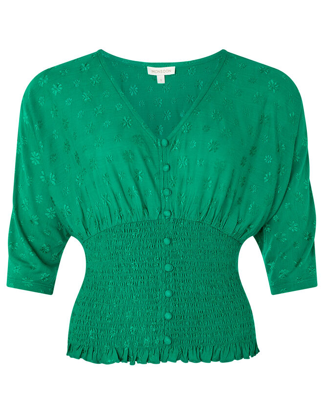 Janet Shirred Jacquard Top, Green (GREEN), large
