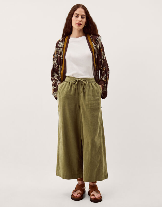 Maisie Linen Blend Cropped Wide Leg Trousers, Green (KHAKI), large