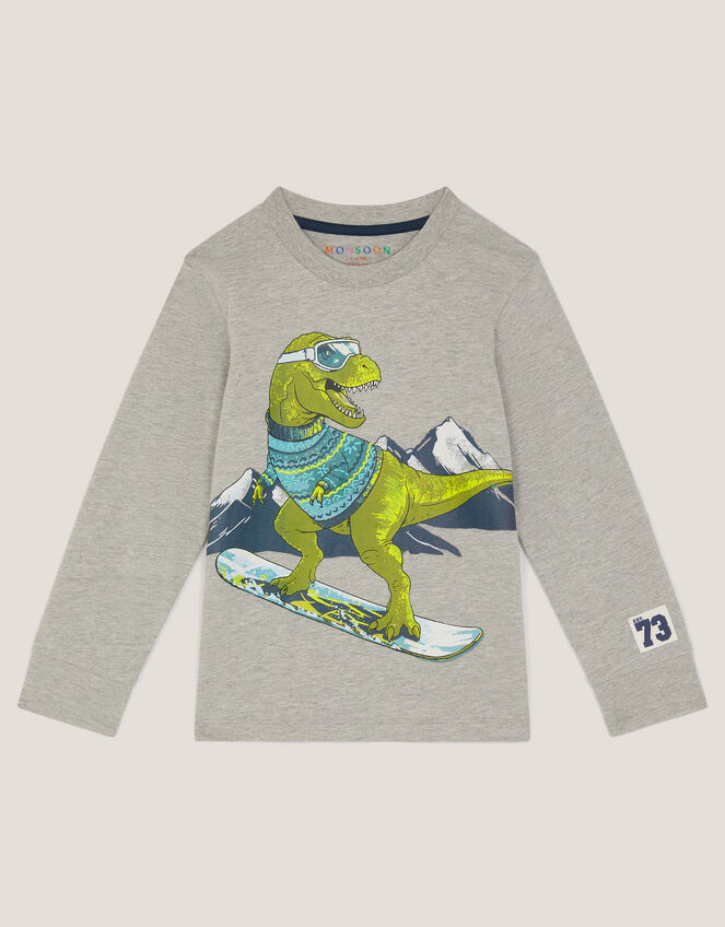 Snowboard Dinosaur Long Sleeve Top, Grey (GREY), large