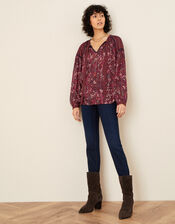 Indie Printed Tie Neck Blouse, Red (BERRY), large