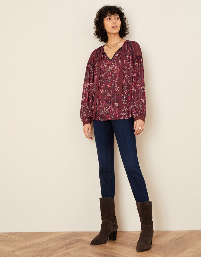 Indie Printed Tie Neck Blouse, Red (BERRY), large