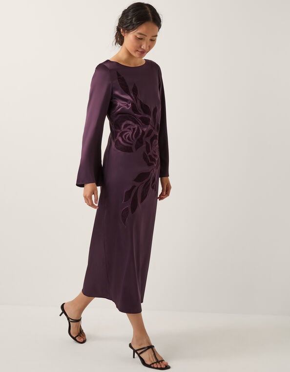 Callie Floral Satin Long Sleeve Midi Dress, Purple (PURPLE), large