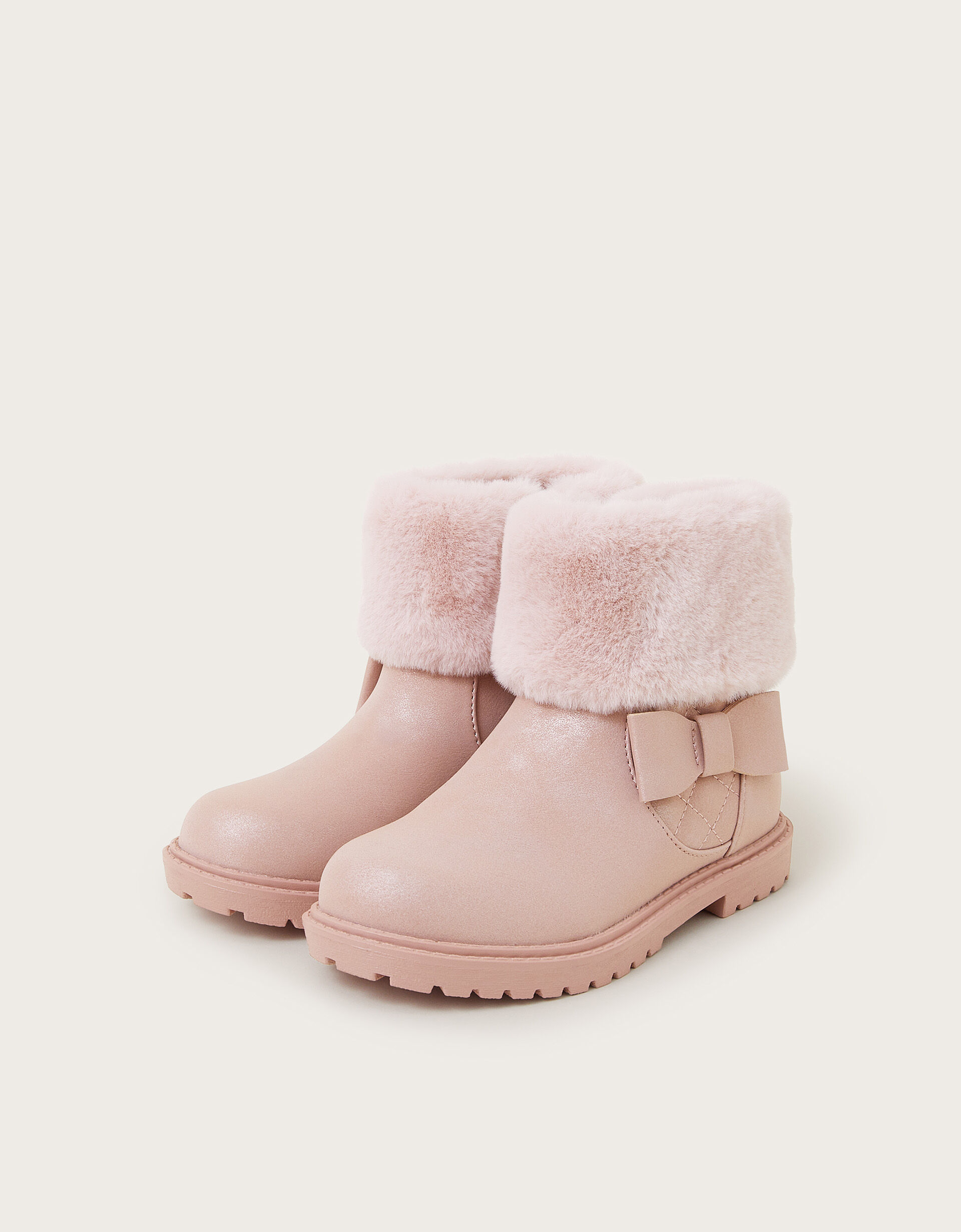 Bow Faux Fur Cuff Boots Pink