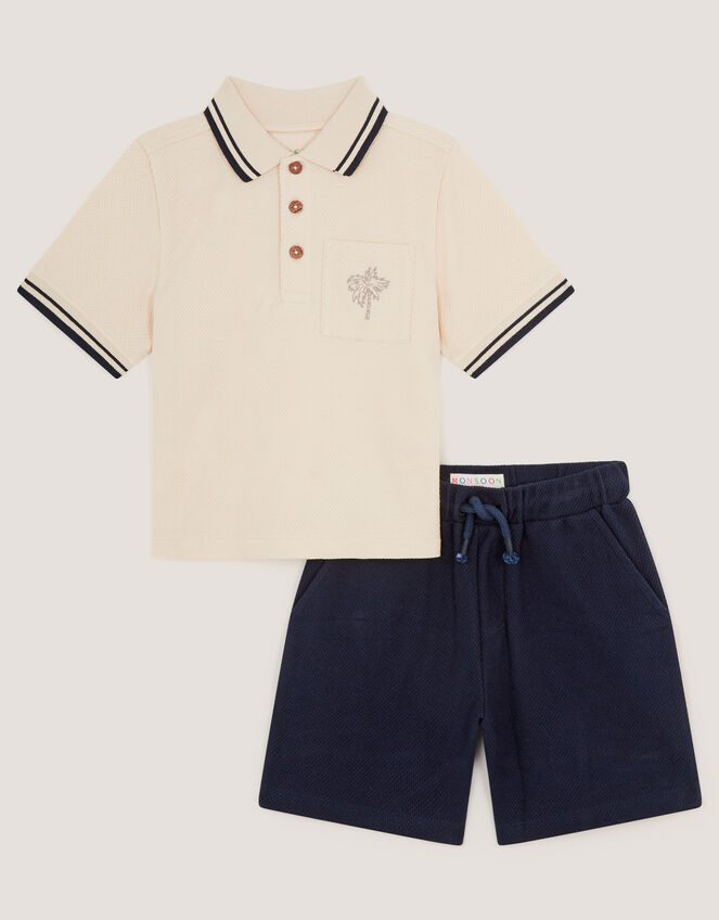 Palm Jersey Polo Shirt & Shorts Set, Natural (STONE), large
