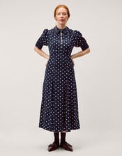 Kate Puff Sleeve Polka Dot Midi Dress, Blue (NAVY), large