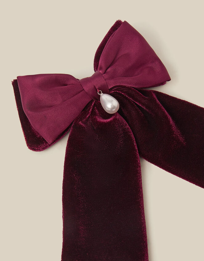 Pearl Charm Velvet Bow Hair Clip, , large