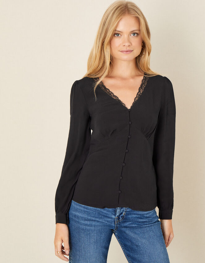 Lace Trim Long Sleeve Blouse, Black (BLACK), large