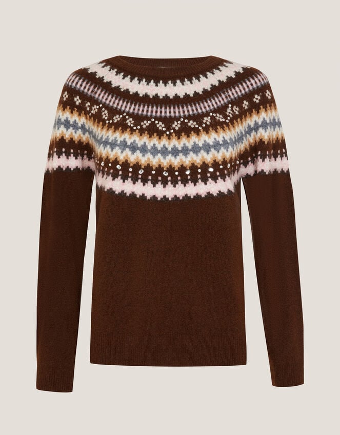 Fran Embellished Fair Isle Jumper, Brown (BROWN), large