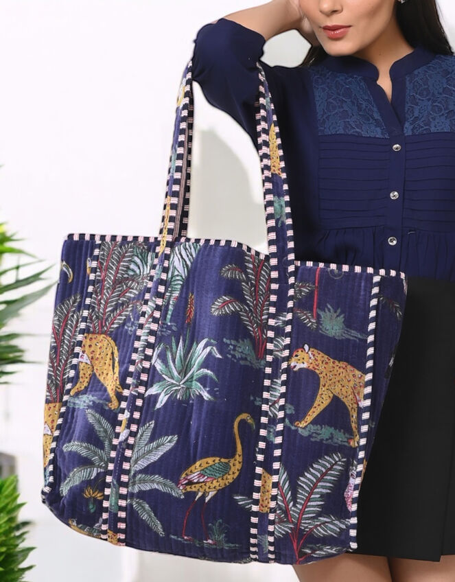 Conscious Yoga Collective Velvet Jungle Print Tote Bag, Blue (NAVY), large