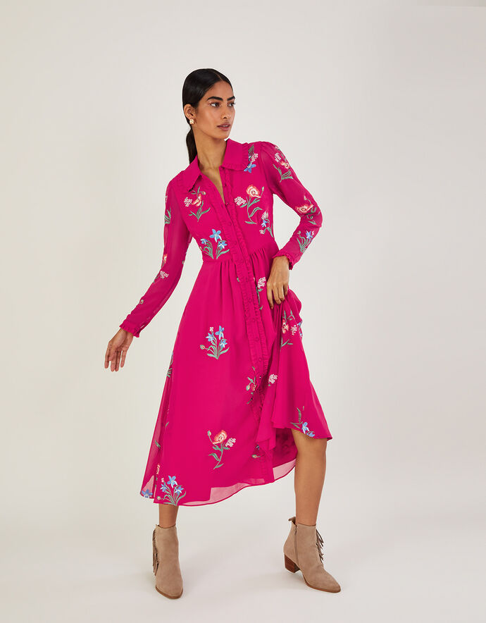 Mara Embroidered Shirt Dress in Recycled Polyester Pink Evening Dresses Monsoon UK.