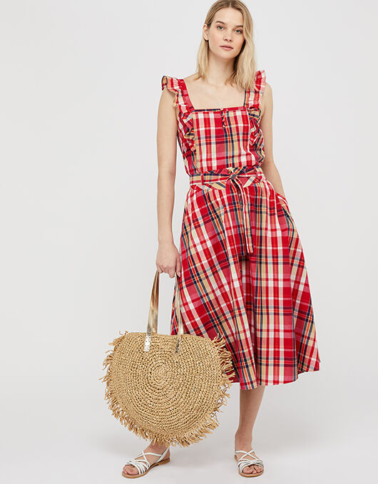 Red check midi dress online