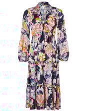 Marie Sustainable Floral Satin Midi Dress, Blue (BLUE), large