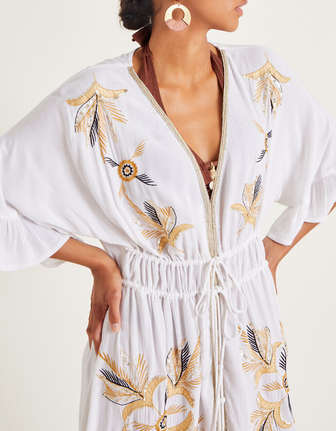 Elegant Floral Embroidered Kaftan Maxi Dress, Handcrafted Abaya 3/4 Sleeve with Gold Trim, V-Neck, Light Blue main image 1
