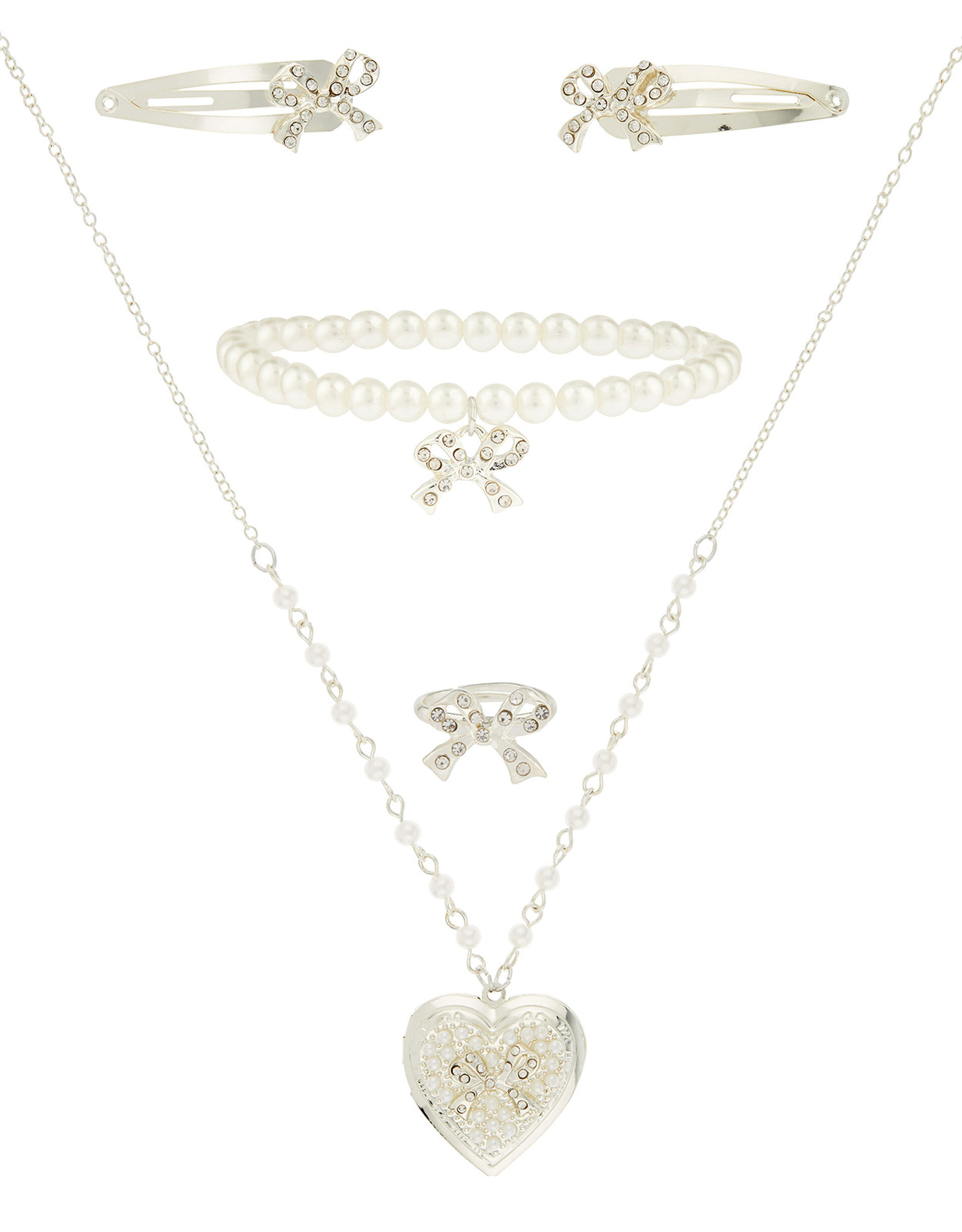 Diamante Bow and Pearl Jewellery Set, , large