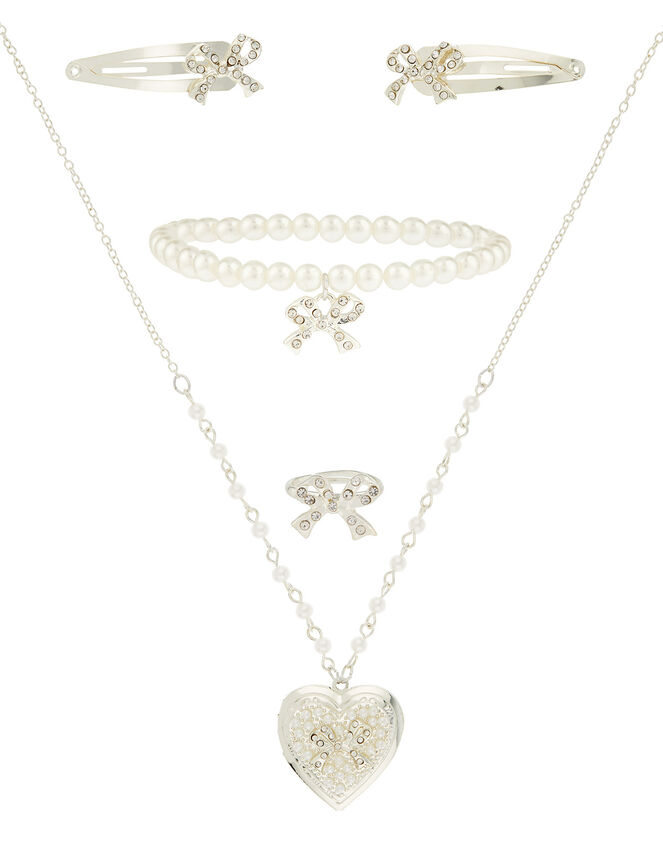Diamante Bow and Pearl Jewellery Set, , large